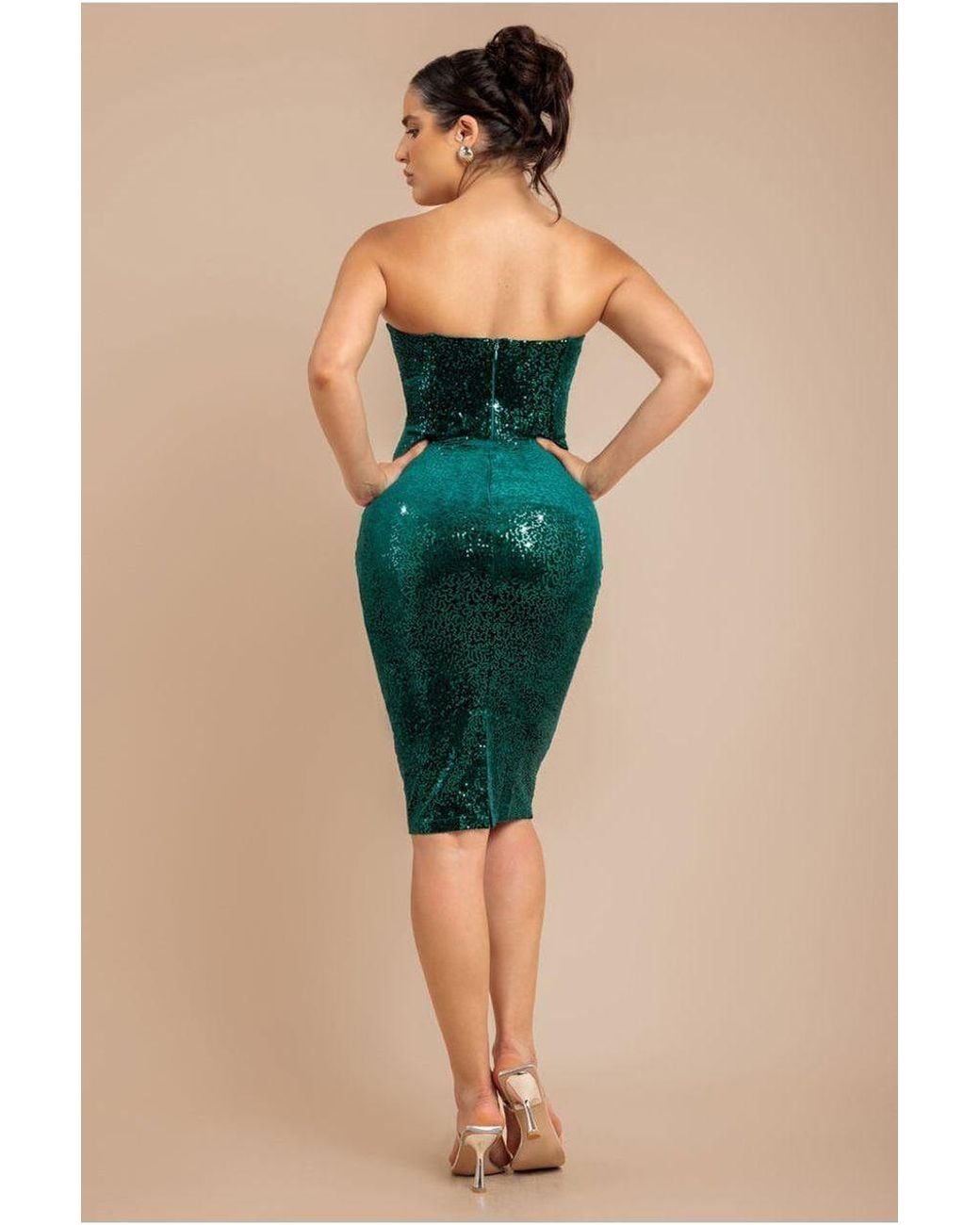Goddiva Green Bandeau Sequin & Velvet Midi Dress