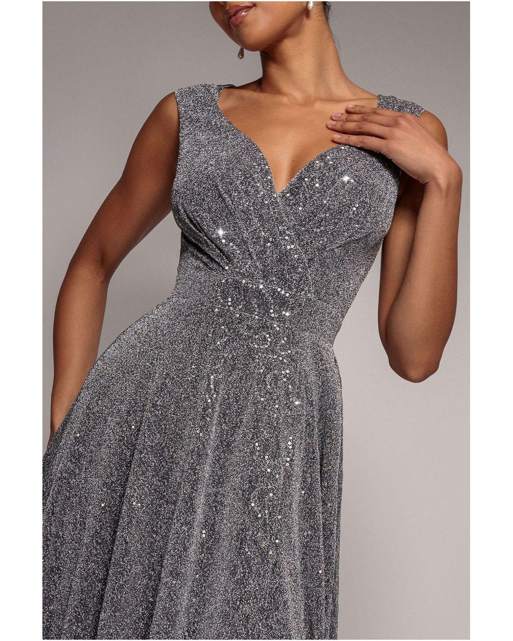 Goddiva Gray Wrap Glitter Lurex Sleeveless Maxi Dress