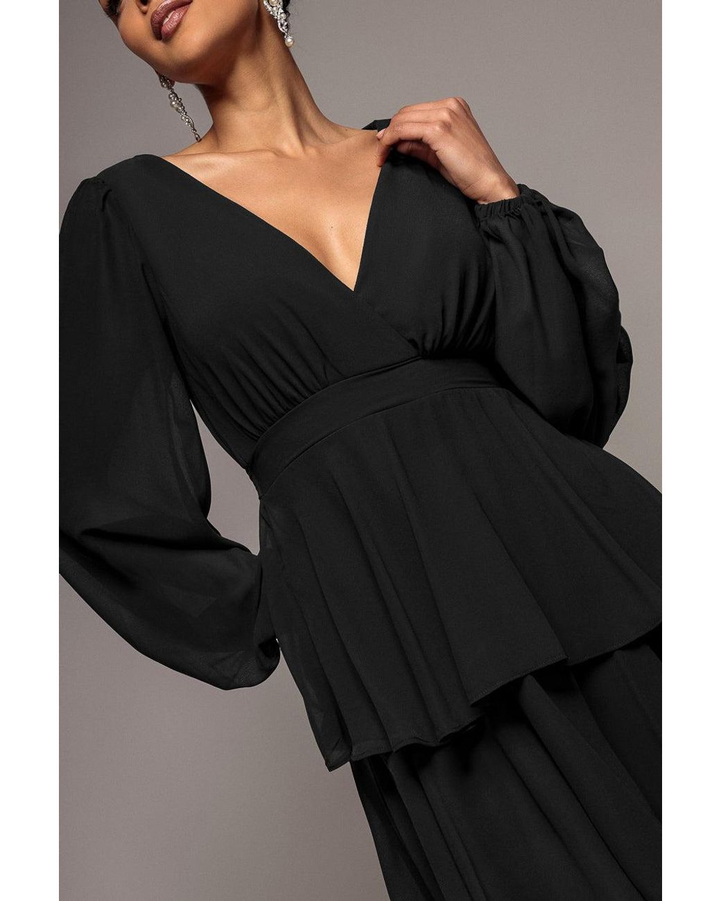 Goddiva Black Tiered Chiffon Wrap Midi Dress