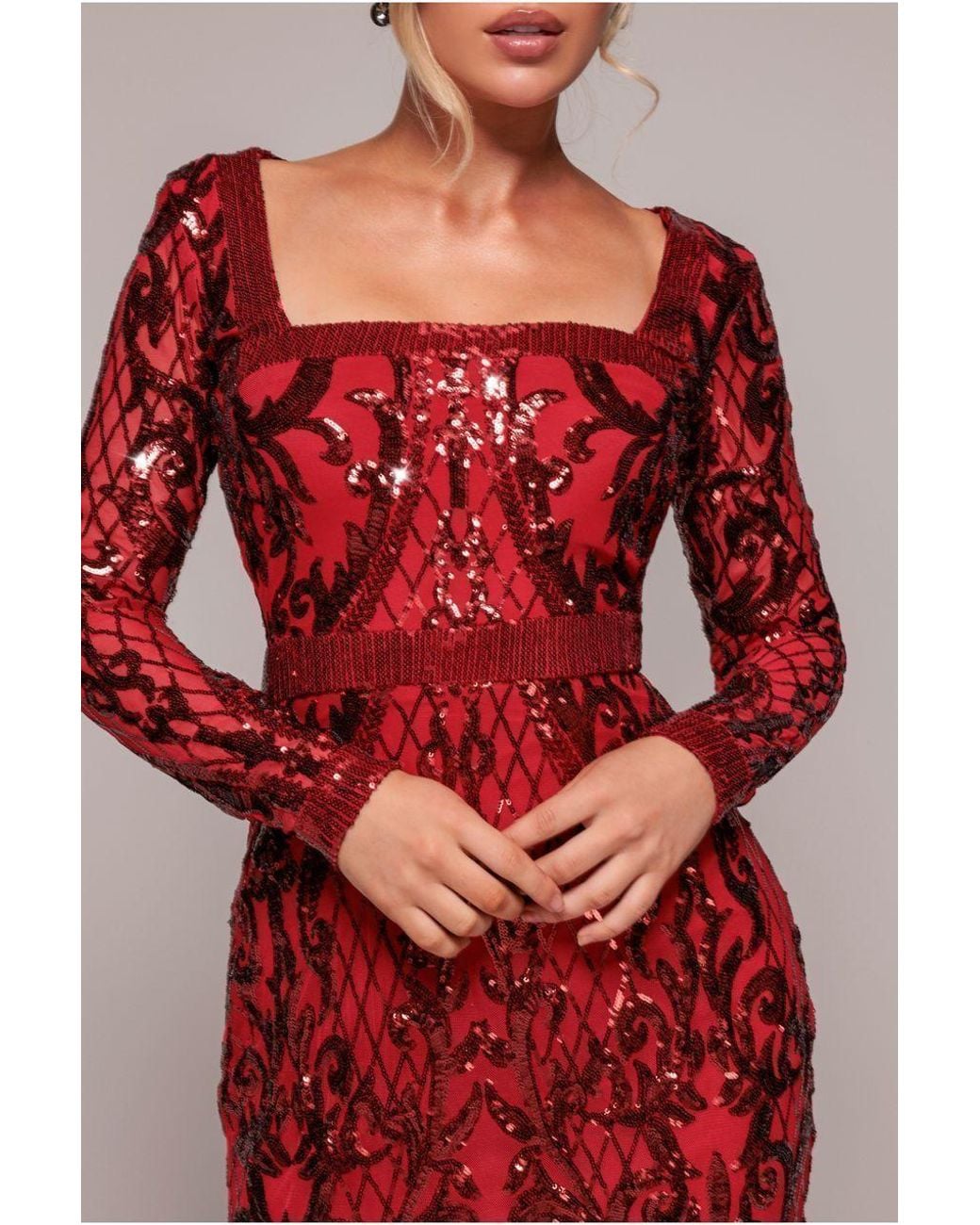 Goddiva Red Sequin Square Neck Maxi With Scallop Hem