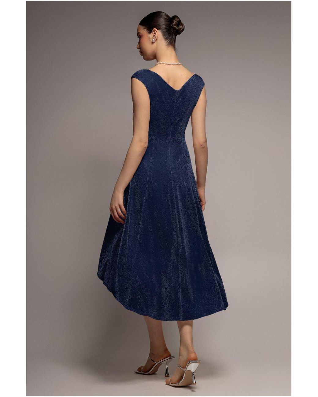 Goddiva Blue Off The Shoulder Lurex High Low Dress