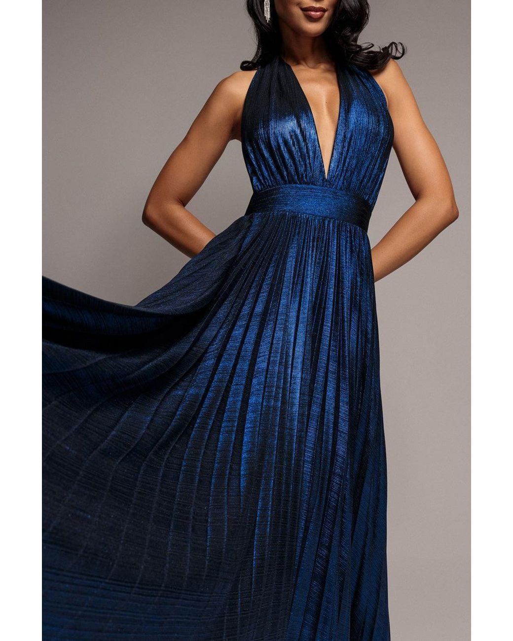 Goddiva Blue Open Back Sunrise Foil Halterneck A Line Maxi Dress