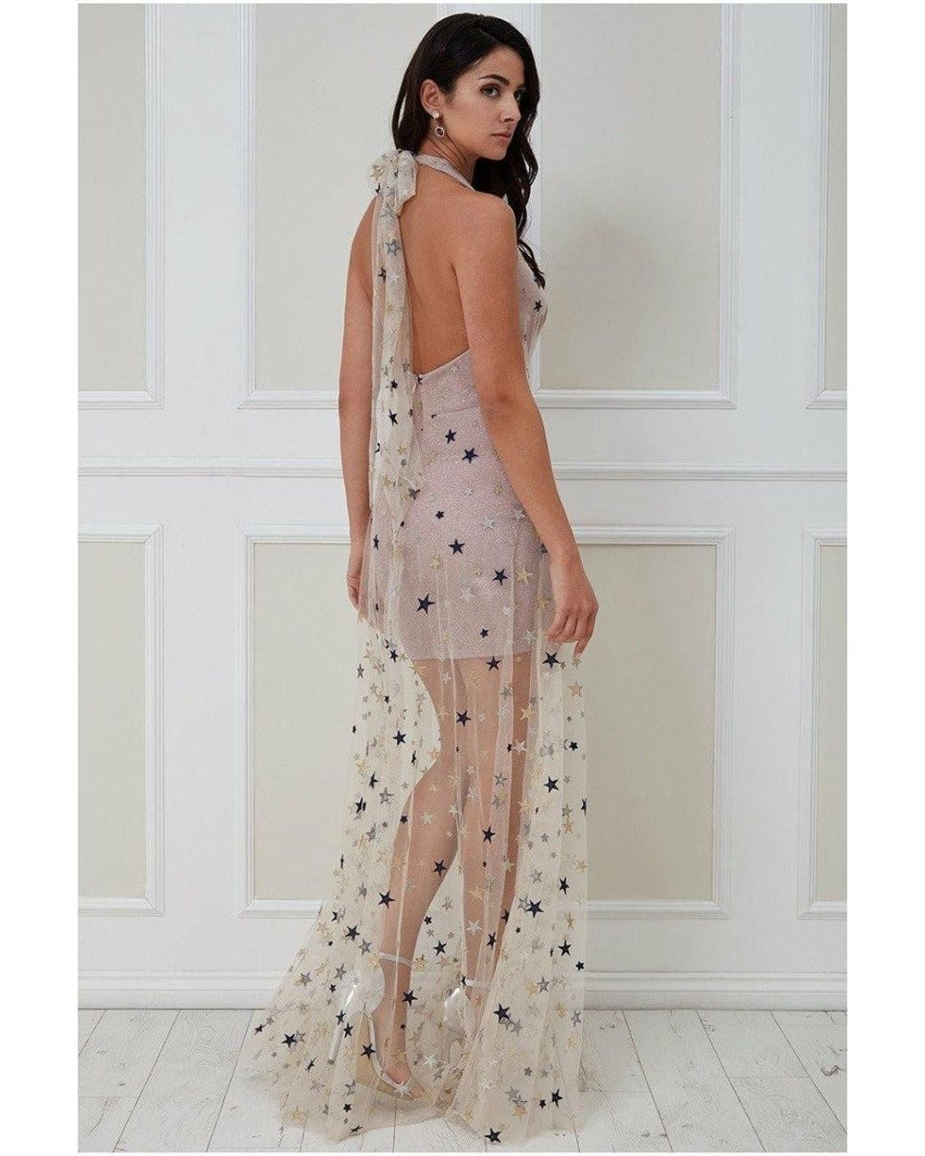 Goddiva Multicolor Star Mesh Halter Neck Maxi Dress