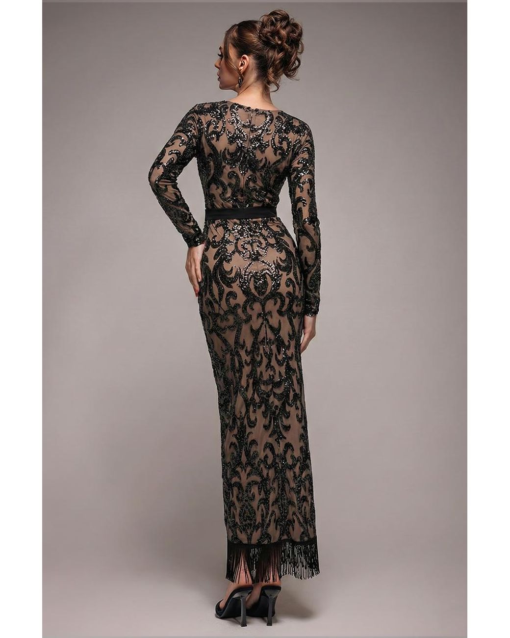 Goddiva Black Tassel & Sequin Maxi With Front Split