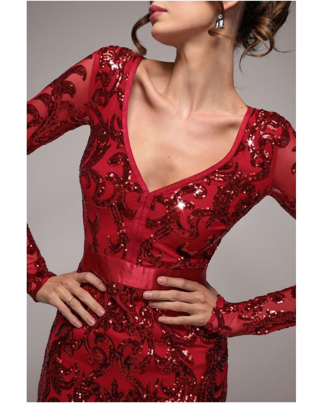 Goddiva Red Sequin Tassel Maxi Dress With Thigh Slit