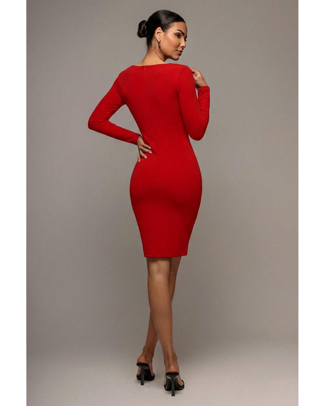 Goddiva Red Scuba Crepe Side Neck Bodycon Midi Dress