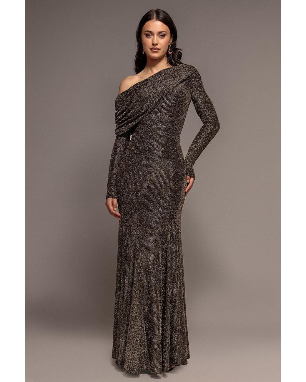 Goddiva Brown Off Shoulder Gathered Bardot Asymmetric Lurex Maxi Dress