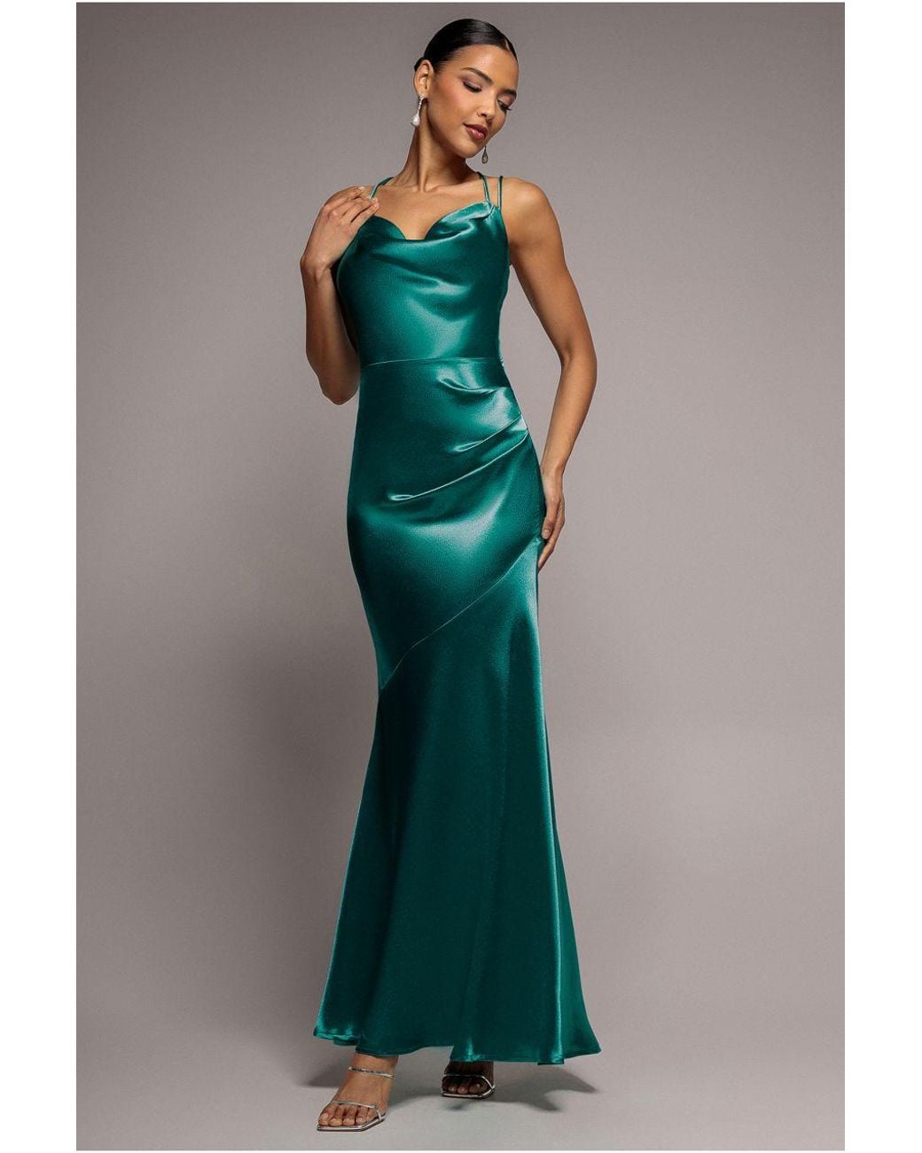 Goddiva Green Cowl Neck With Strappy Back Satin Maxi