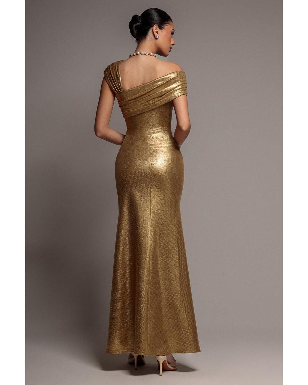 Goddiva Brown One Shoulder Asymmetric Foil Scuba Maxi Dress