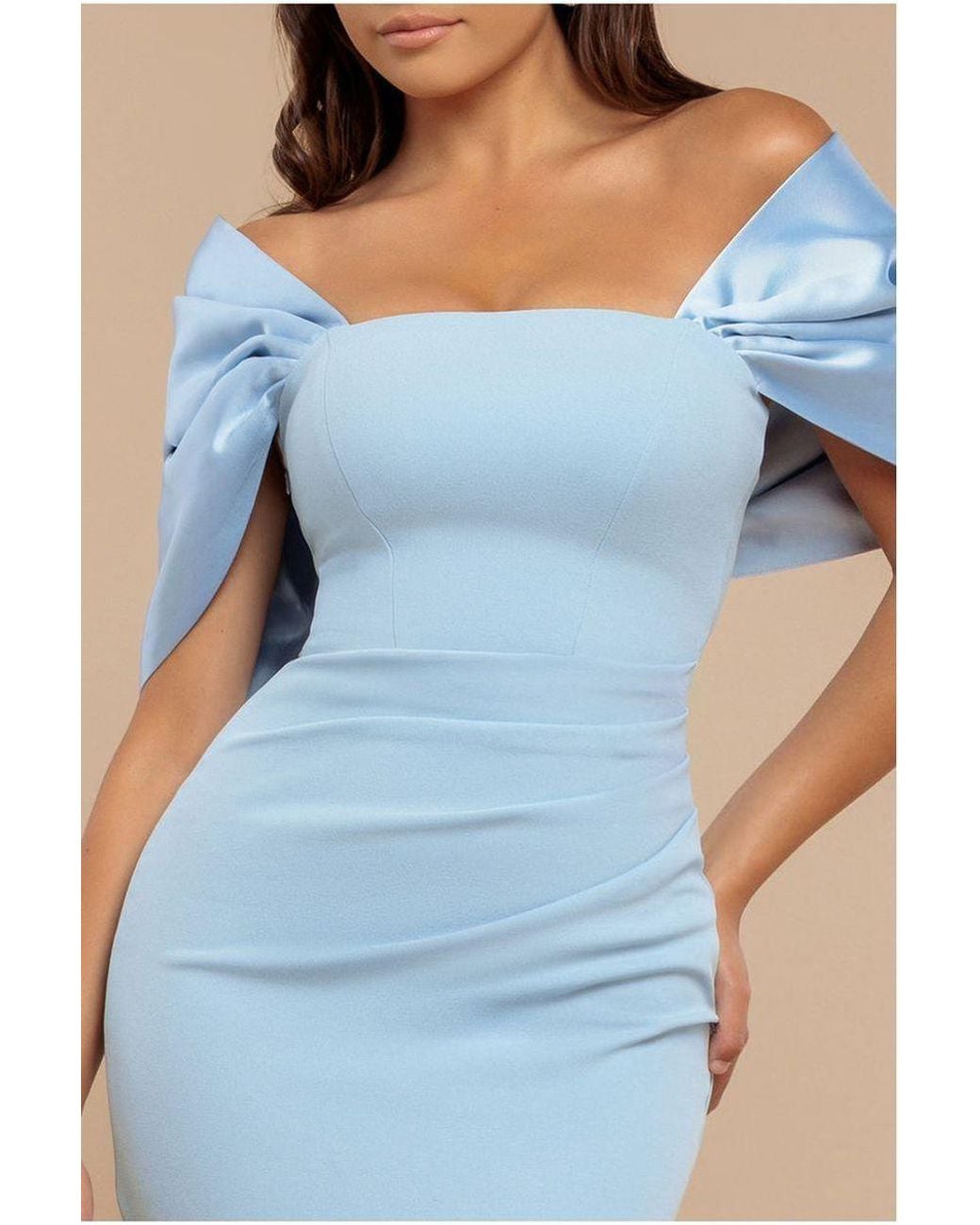 Goddiva Off Shoulder Back Satin Bow Scuba Maxi Dress in Blue | Lyst UK