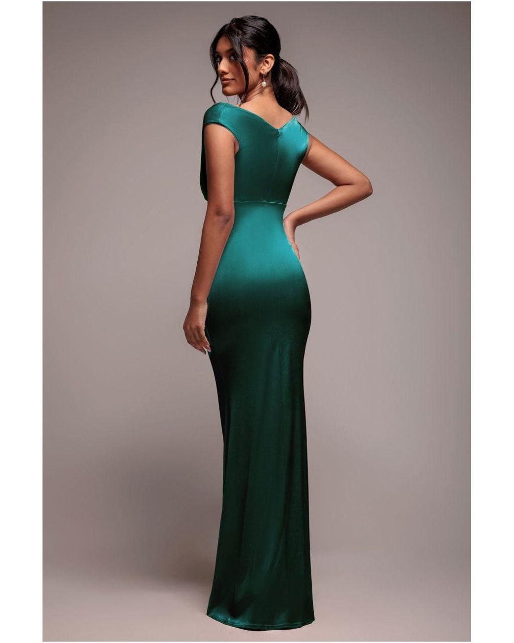 Goddiva Green Satin Off The Shoulder Maxi Dress