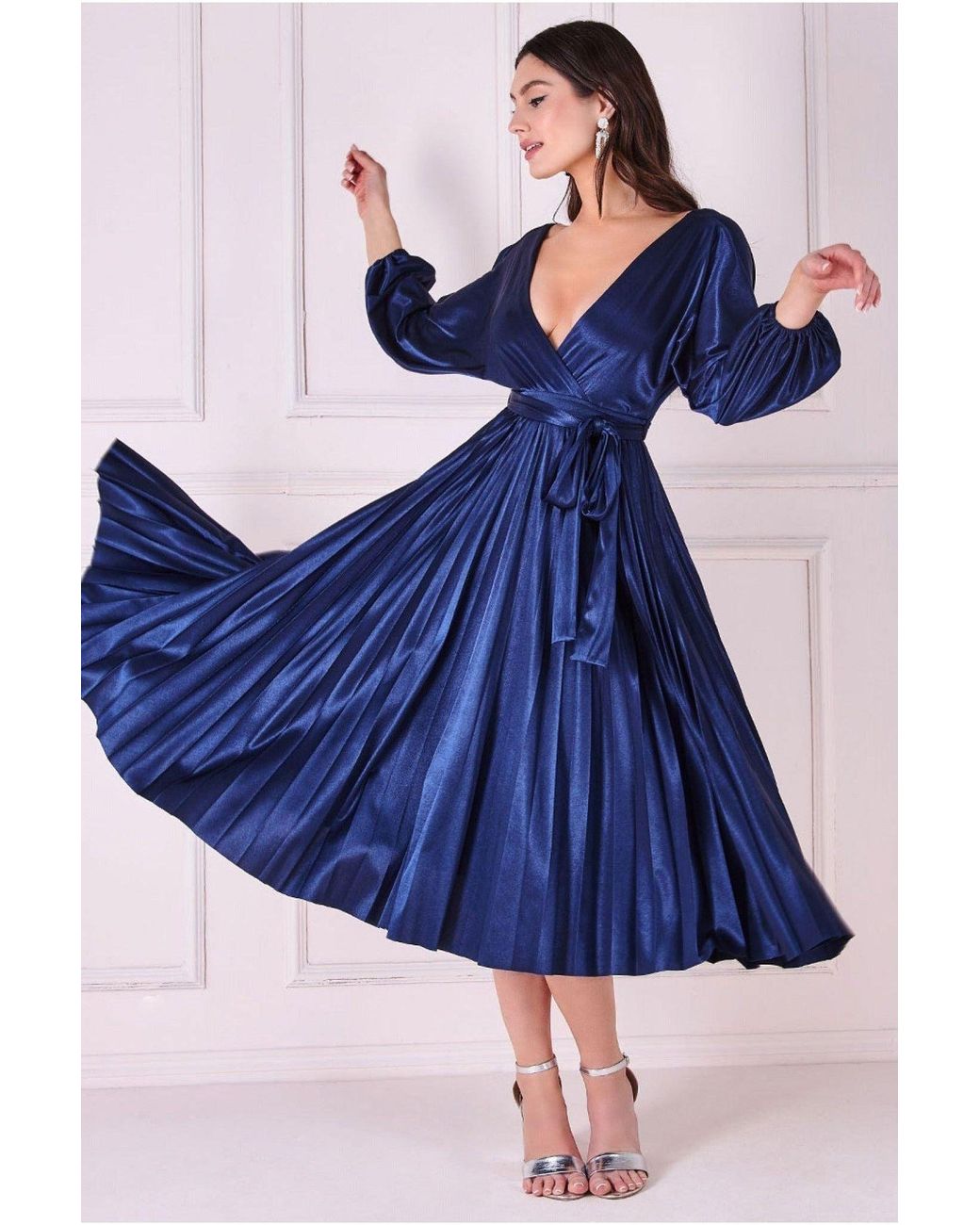 Goddiva Blue Satin Pleated Skirt Wrap Midi Dress