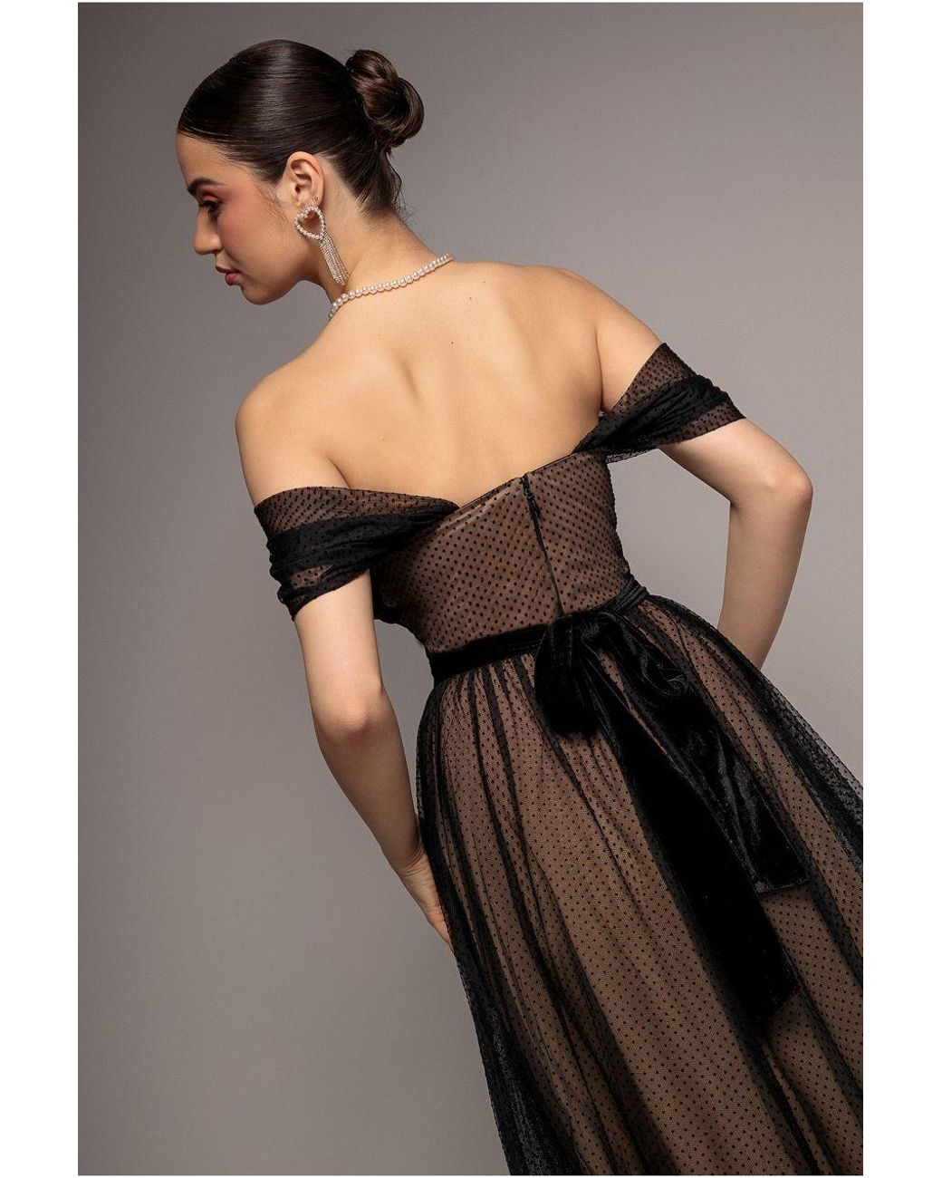 Goddiva Black Dobby Mesh Off The Shoulder Princess Maxi Dress