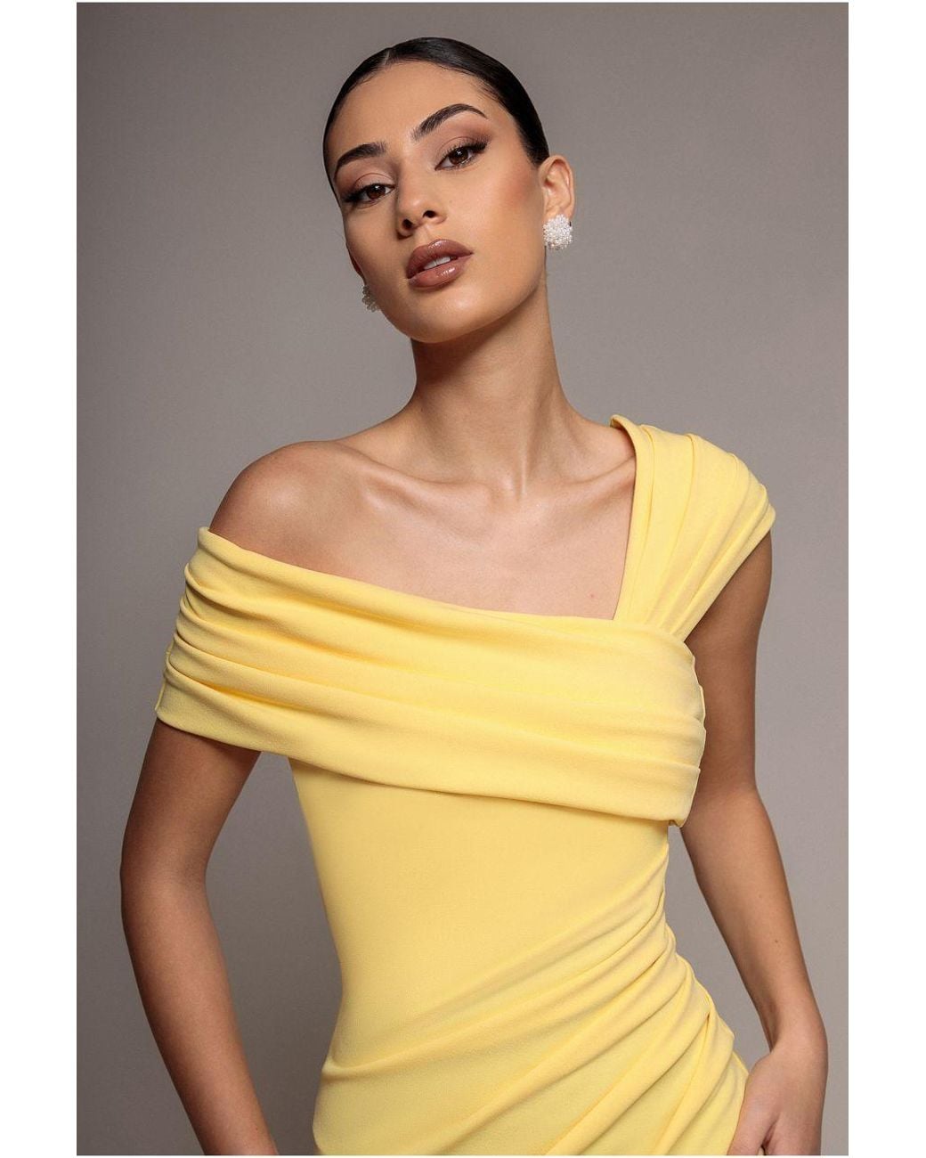 Goddiva Multicolor One Shoulder Asymmetric Scuba Crepe Maxi Dress