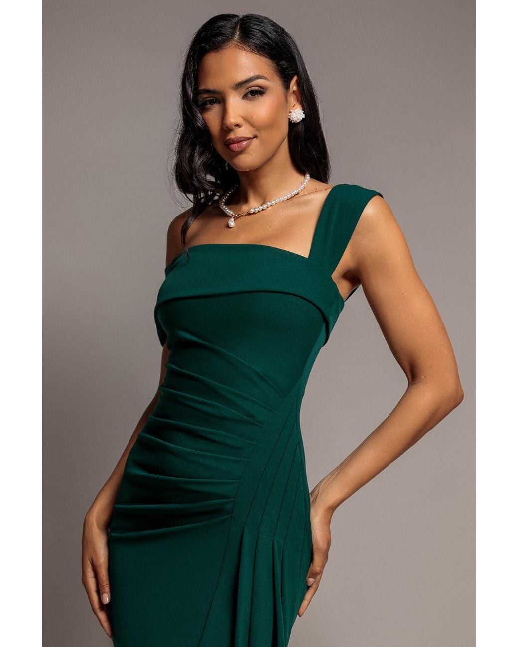 Goddiva Green Off Shoulder Pleated Waist Asymmetric Midaxi Dress