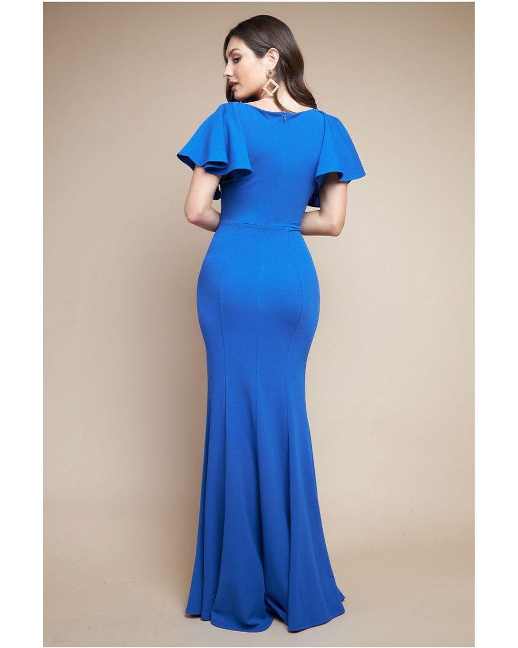 Goddiva Blue Flared Sleeve Front Wrap Maxi Dress