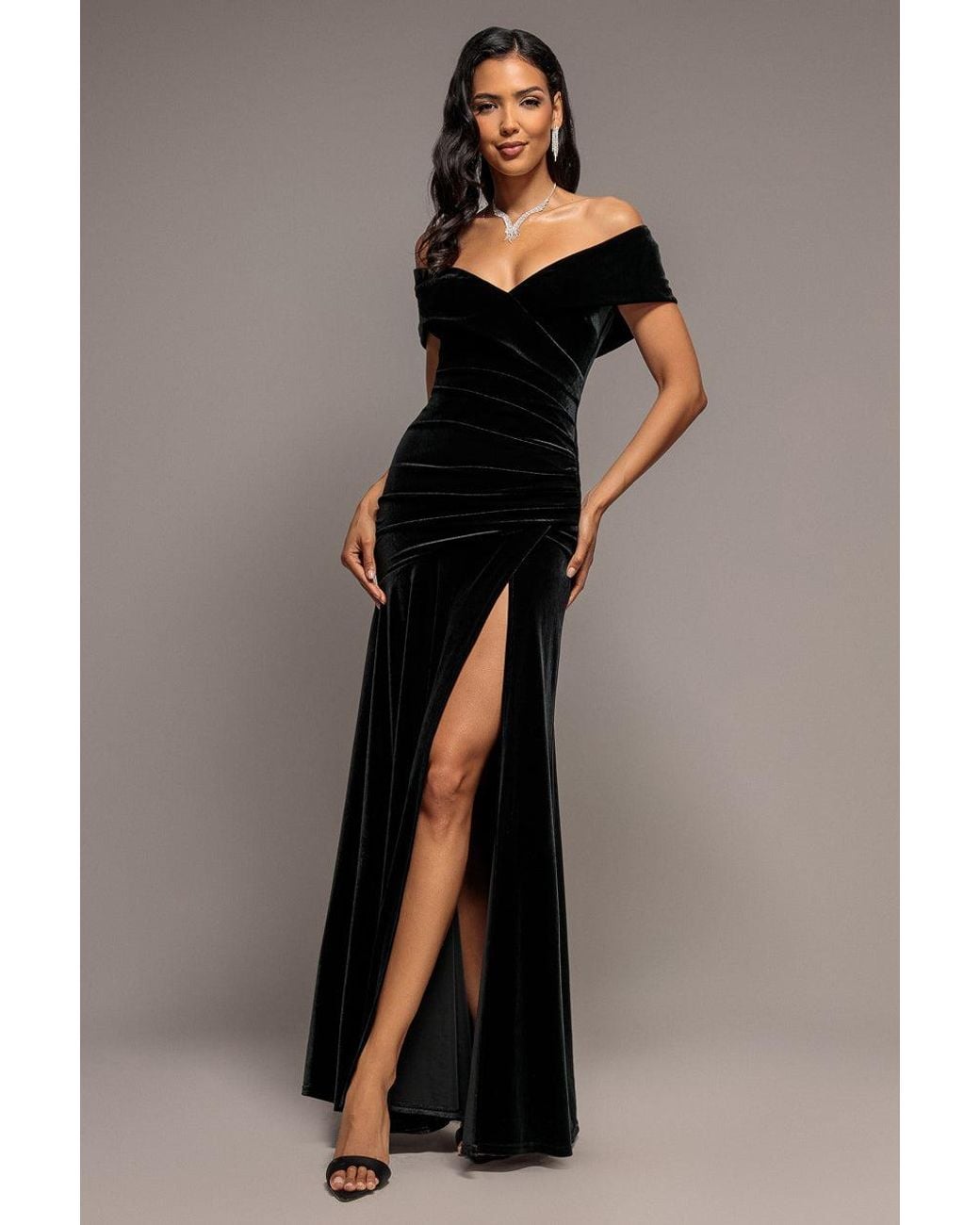 Goddiva Black Velvet Off Shoulder Pleated A Line Maxi Dress