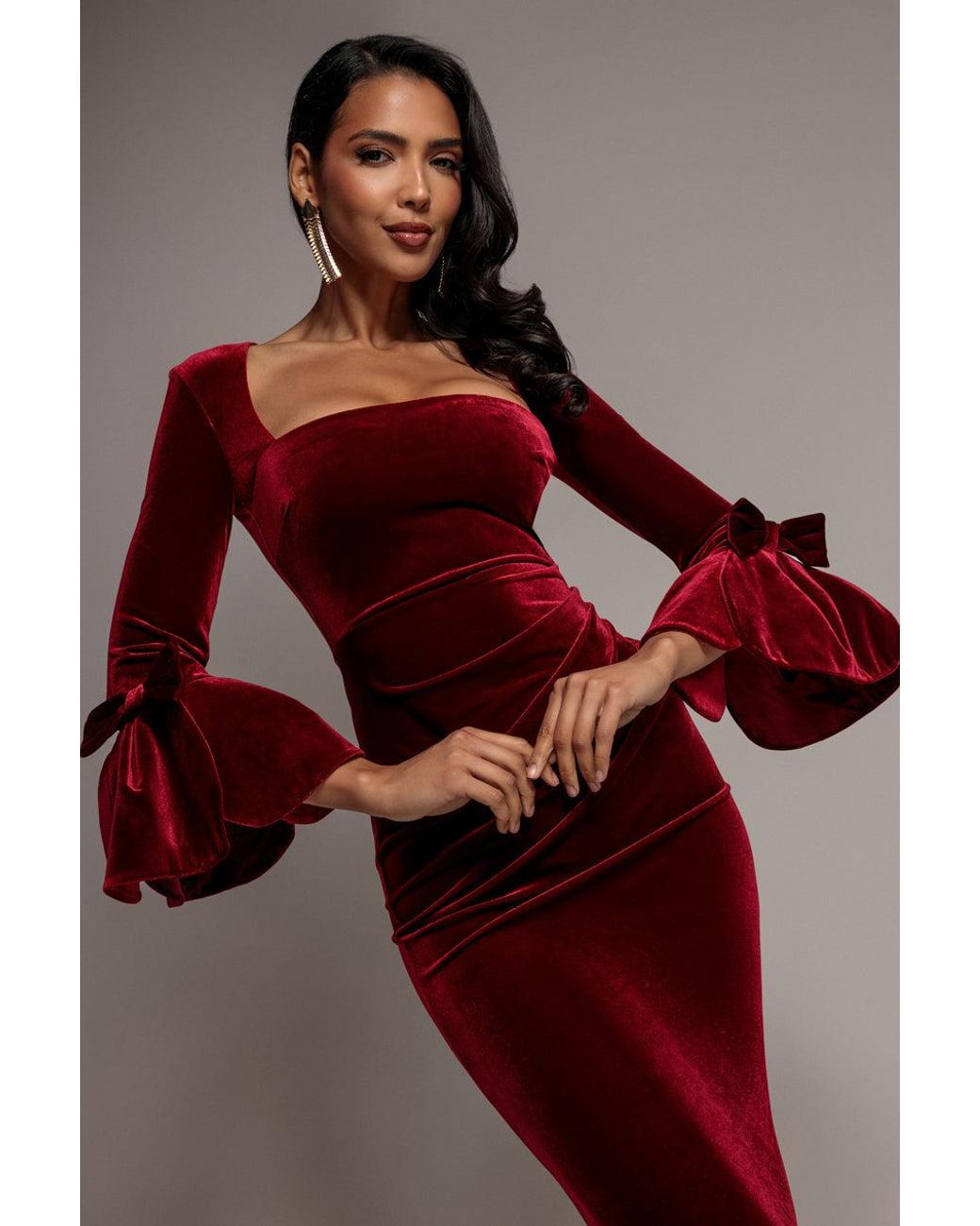 Goddiva Red Petal Bow Sleeve Frill Velvet Midi Dress