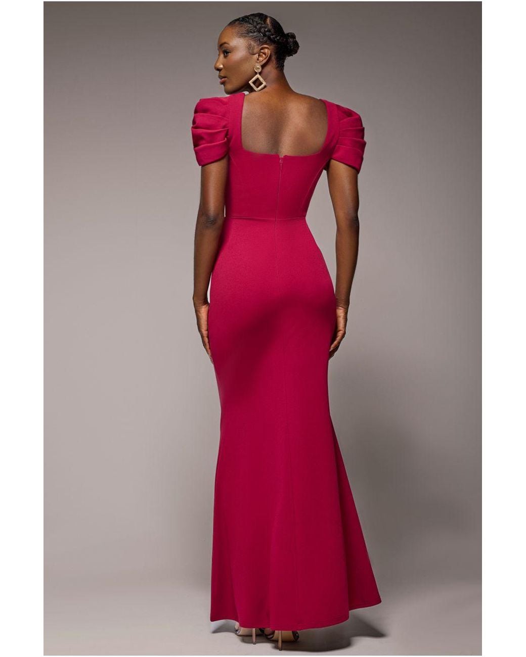 Goddiva Pink Plunging Neck Pleated Sleeves Scuba Maxi Dress