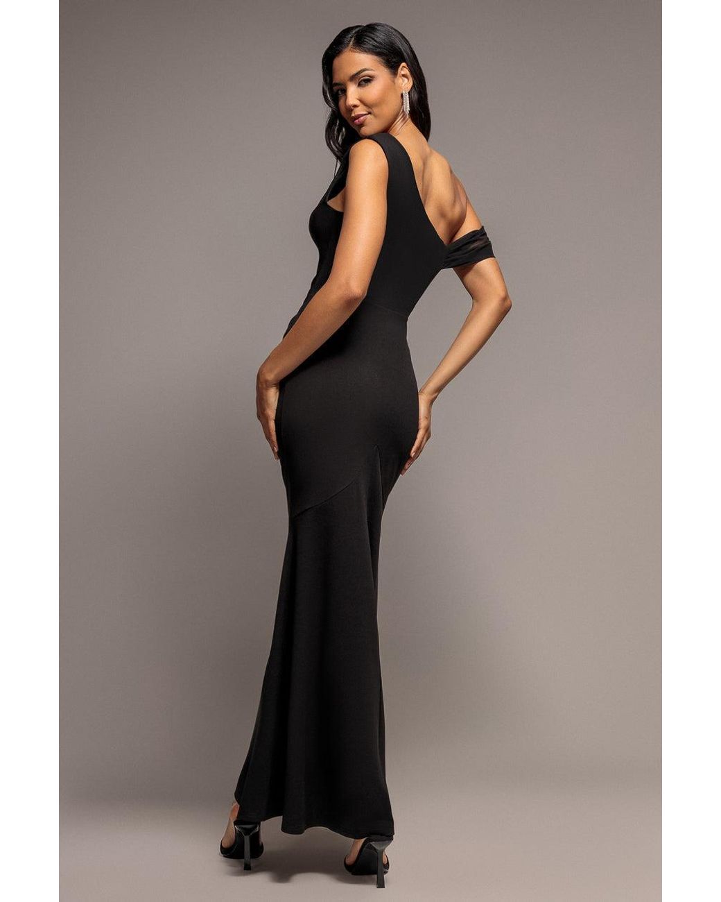 Goddiva Brown Cowl Neck One Shoulder Scuba & Chiffon Maxi Dress