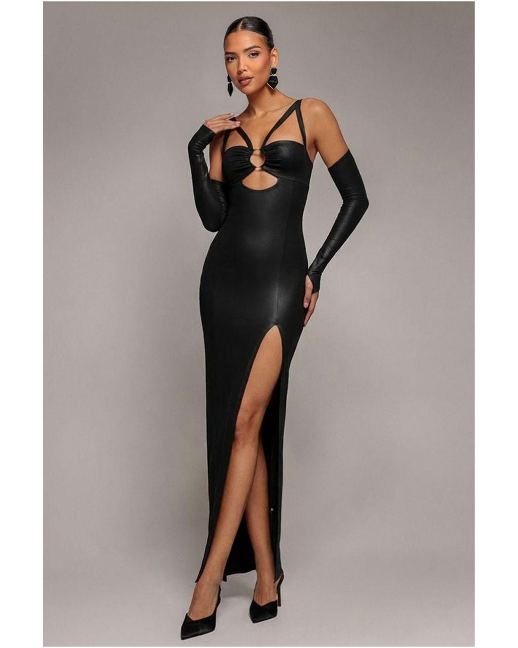 Goddiva Blue Faux Leather Cut Out Maxi Dress