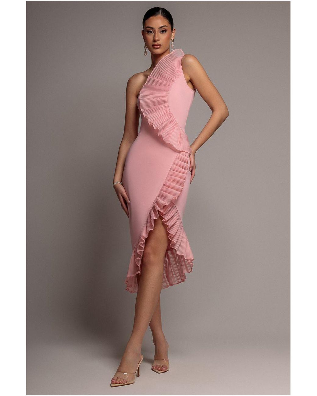 Goddiva Pink One Shoulder Pleated Fan Midi Dress