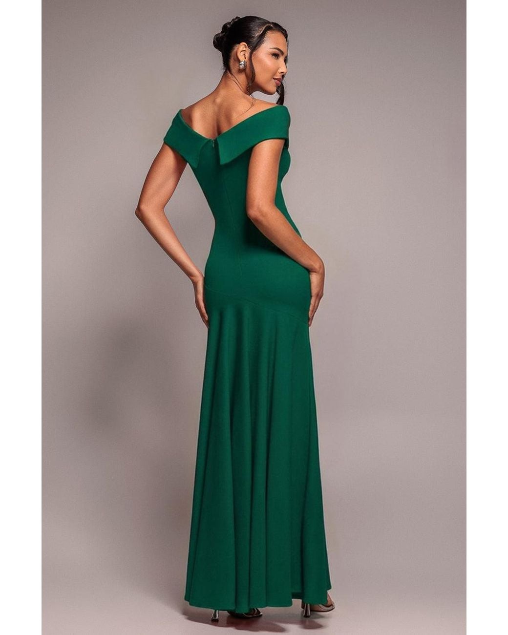 Goddiva Green Scuba Crepe Off Shoulder Front Split Maxi Dress
