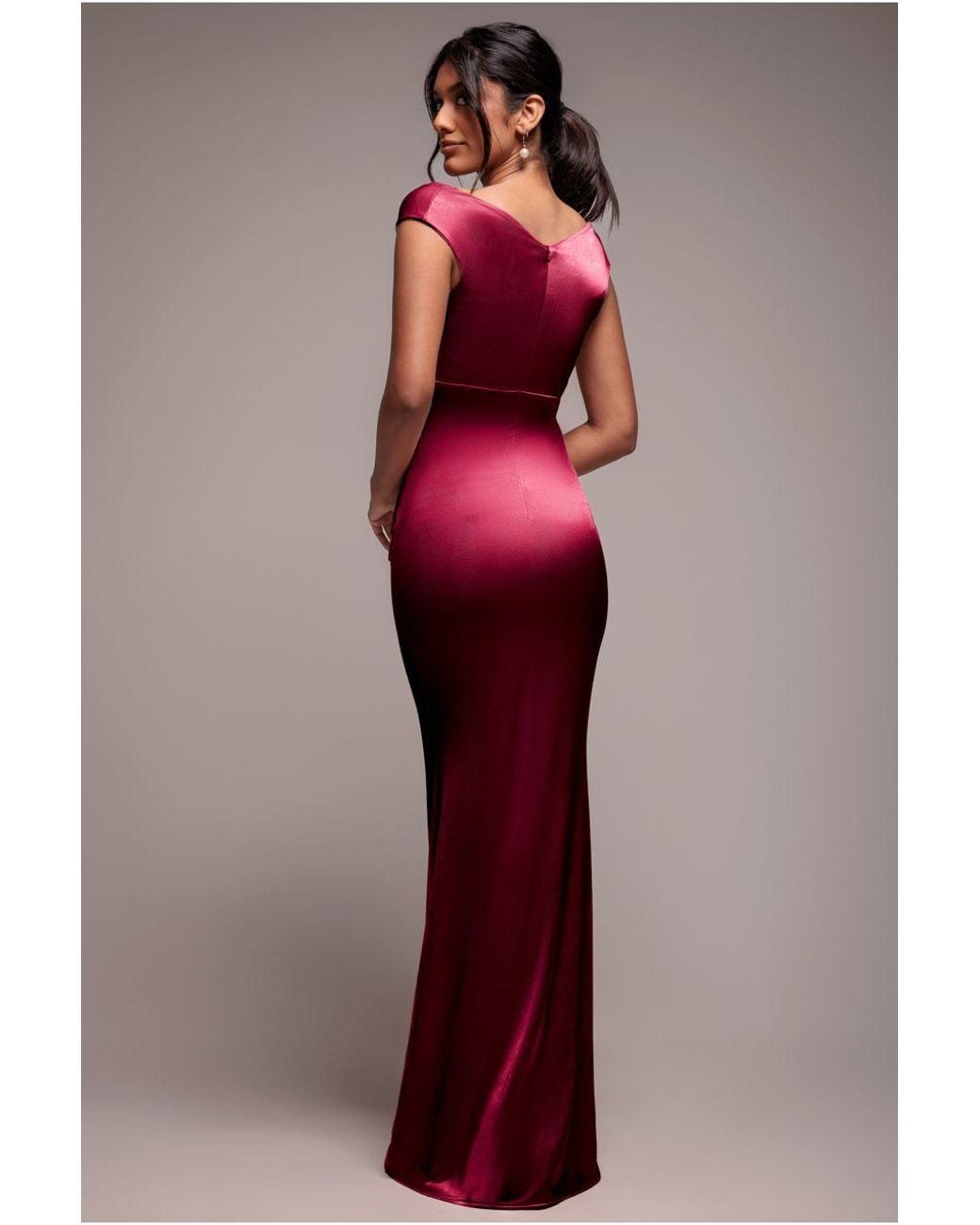 Goddiva Red Satin Off The Shoulder Maxi Dress