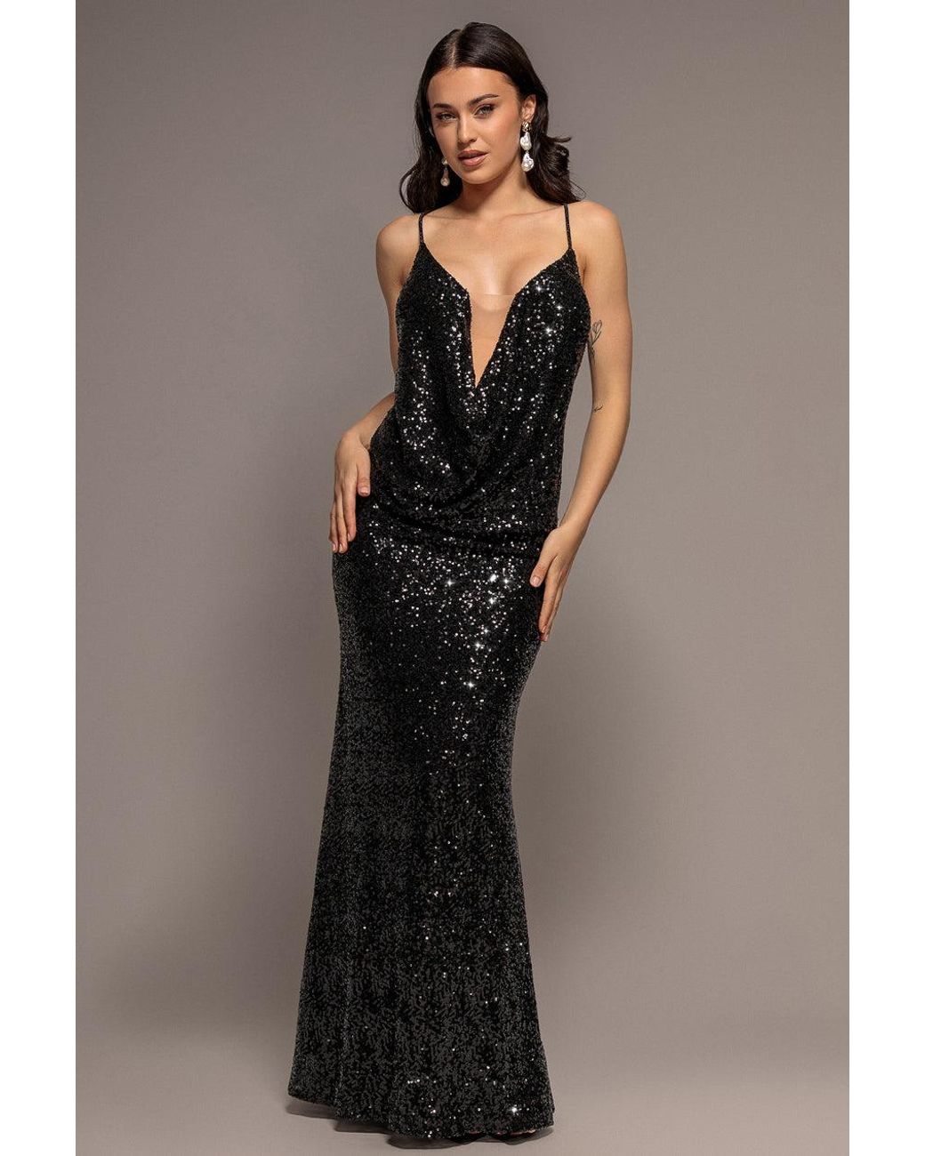 Goddiva Blue Plunge Cowl Criss Cross Back Sequin Maxi Dress