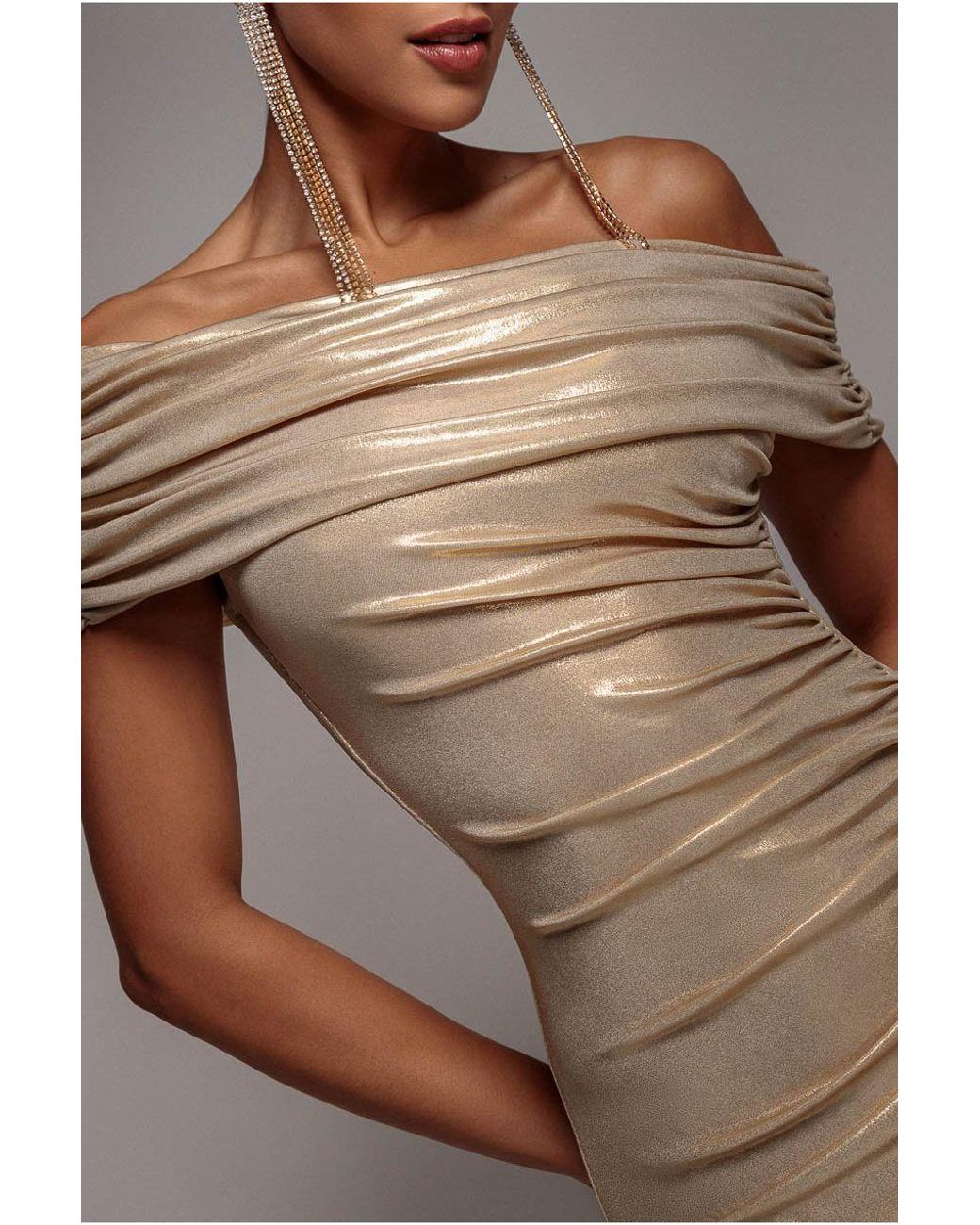 Goddiva Brown Foil Pleated One Shoulder Bardot Fit And Flare Maxi Dress