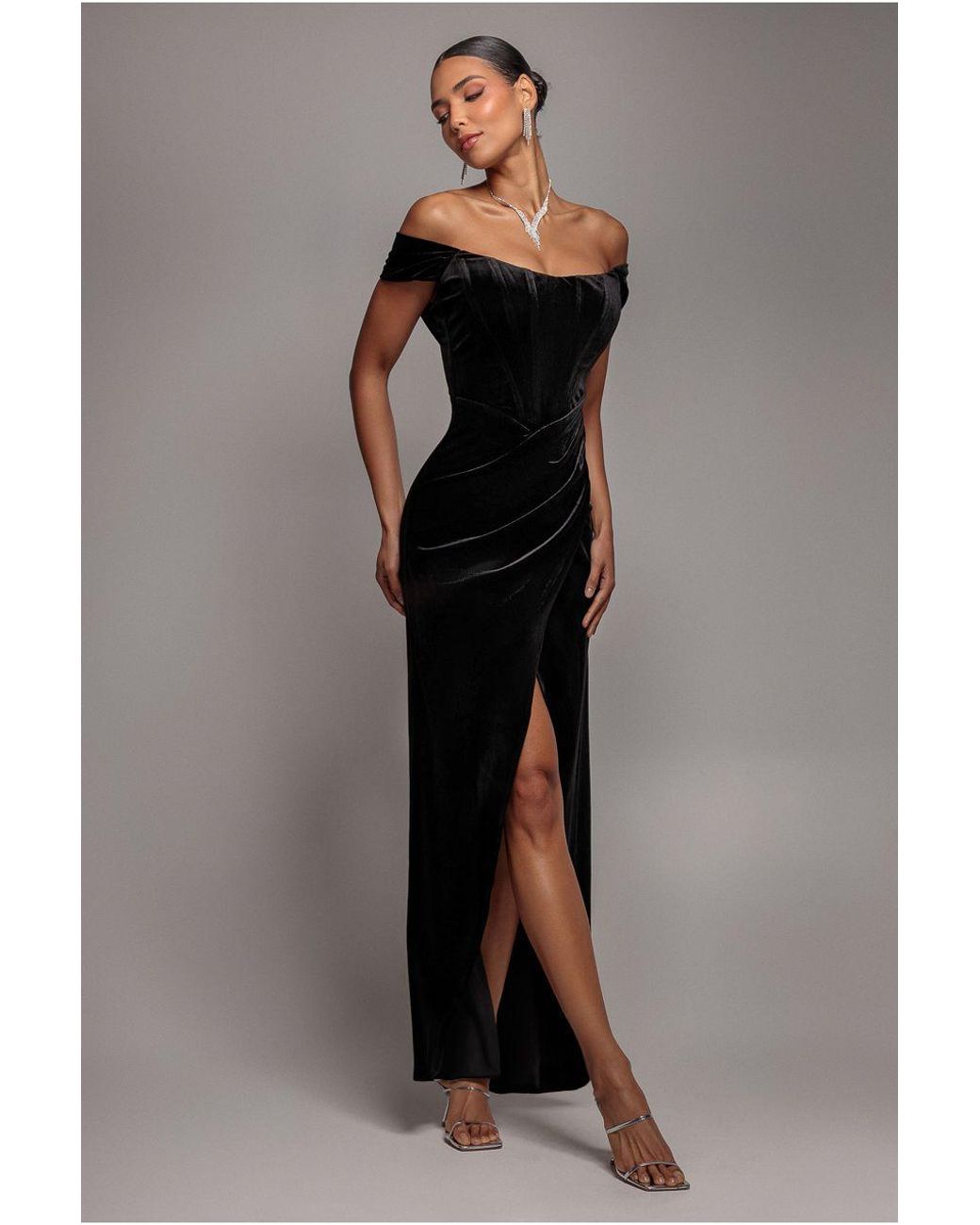 Goddiva Black Draped Shoulder Velvet Corset Maxi