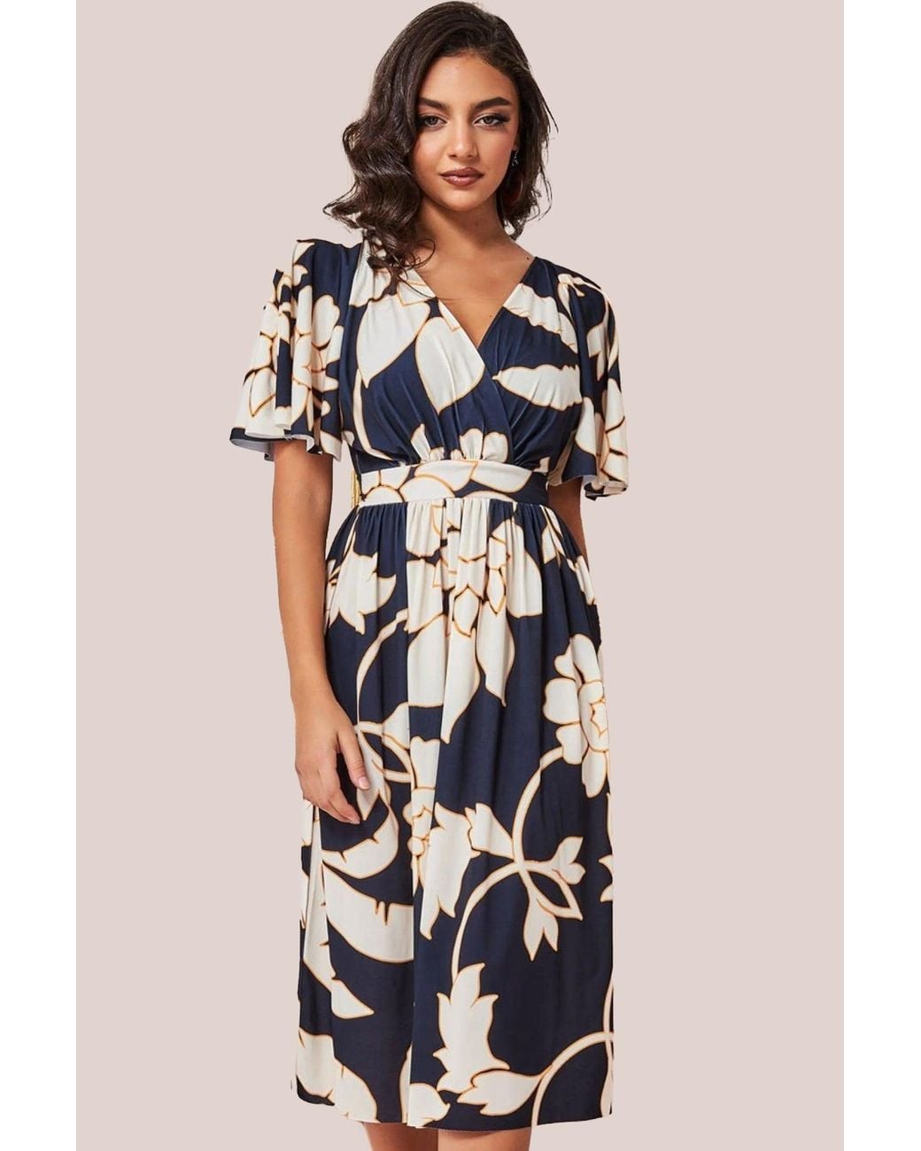 Goddiva Natural Leaf Print Flutter Sleeve Midi