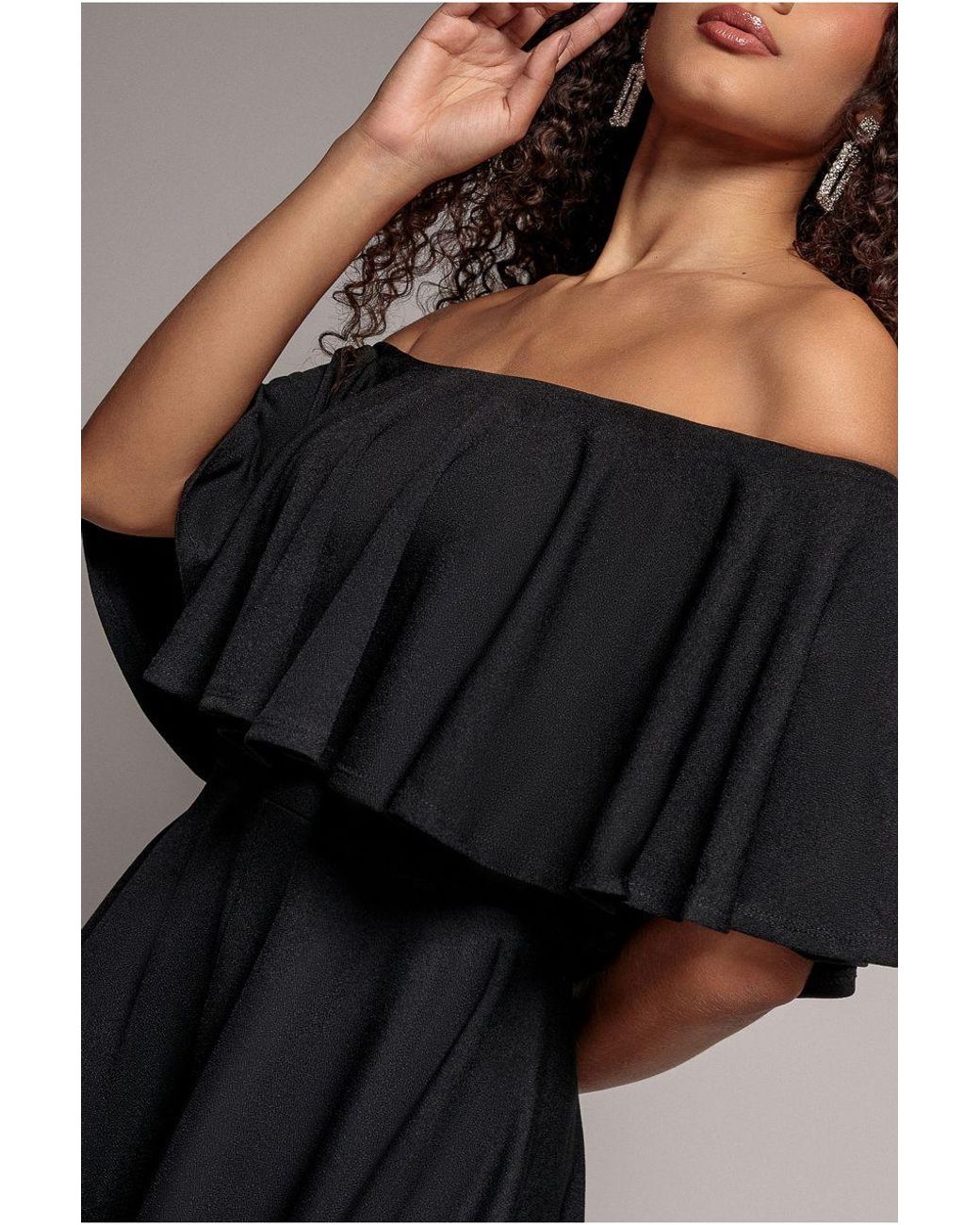Goddiva Black Off The Shoulder Frill Neck Skater Playsuit