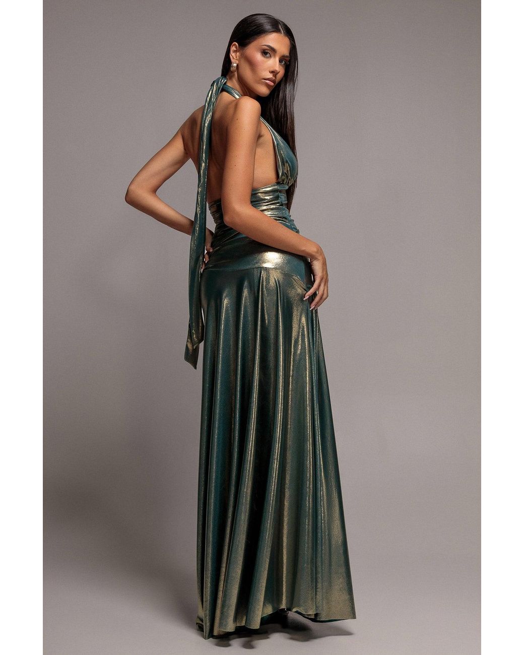 Goddiva Gray Halterneck Empire Waist Gathered Sunrise Foil Maxi Dress