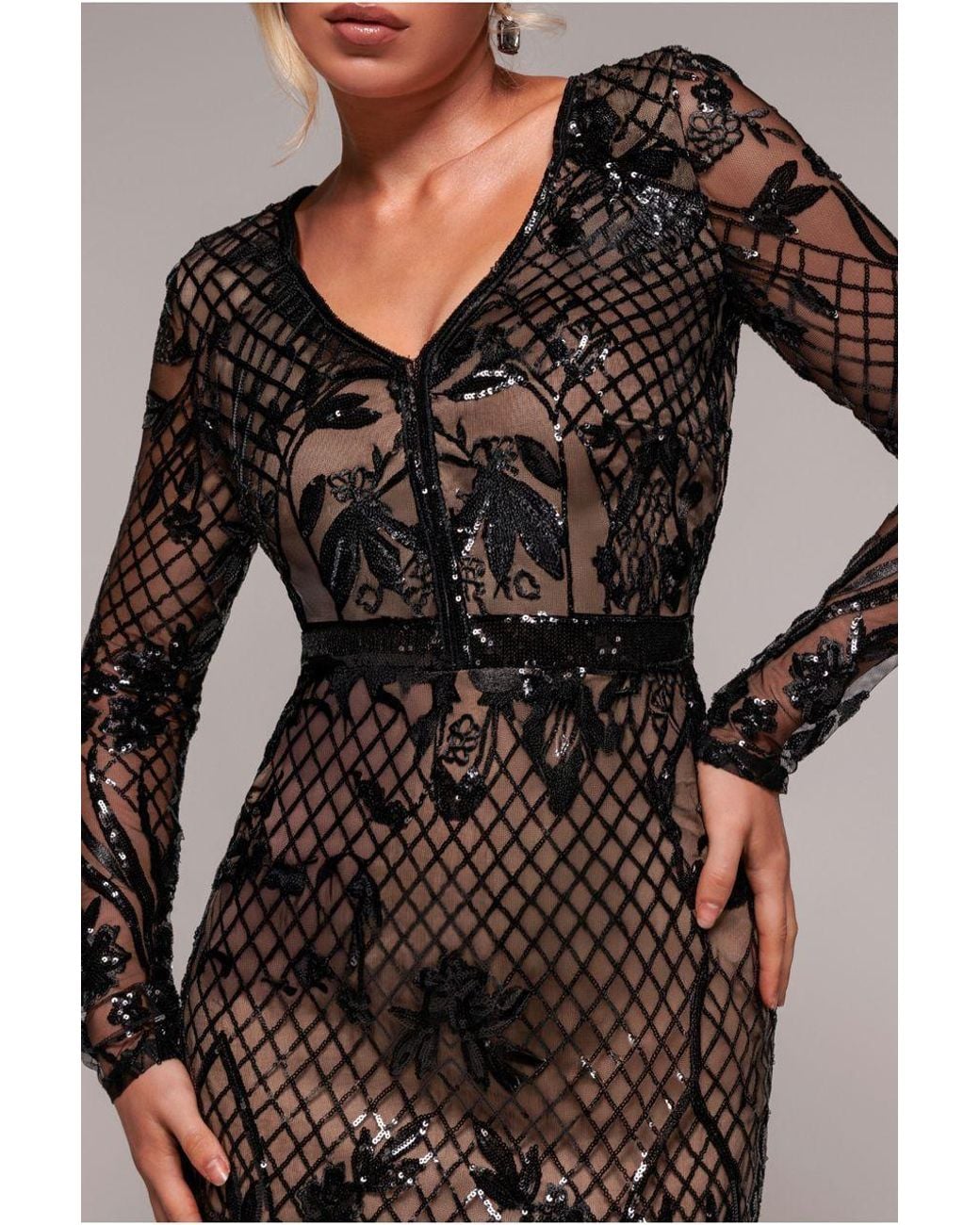 Goddiva Black Full Sleeve Sequin Evening Dress