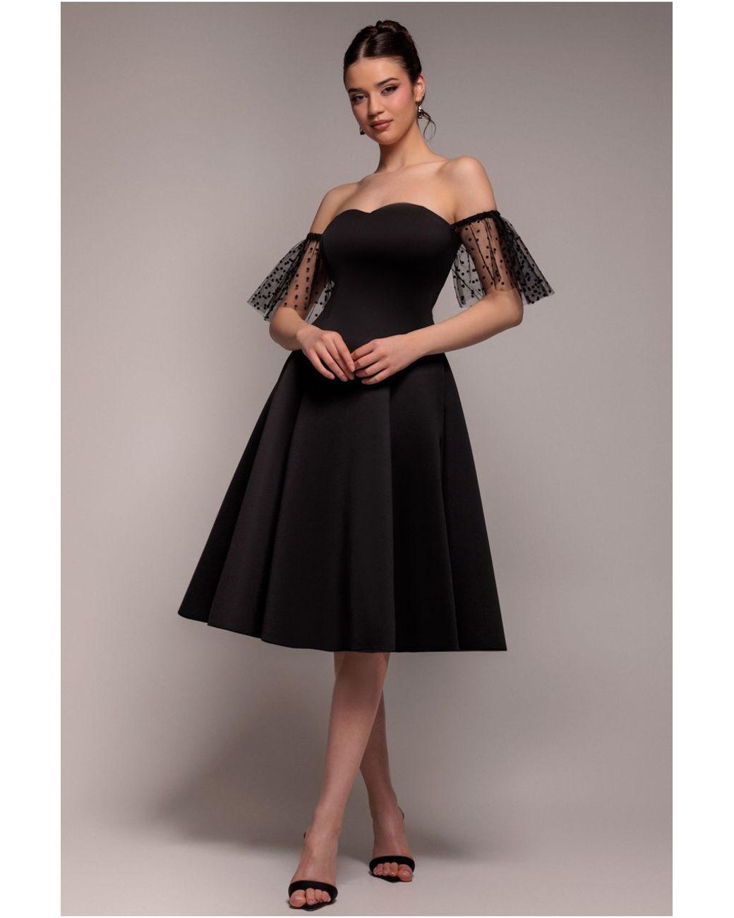 Goddiva Black Scuba & Polka Mesh Off The Shoulder Midi Dress