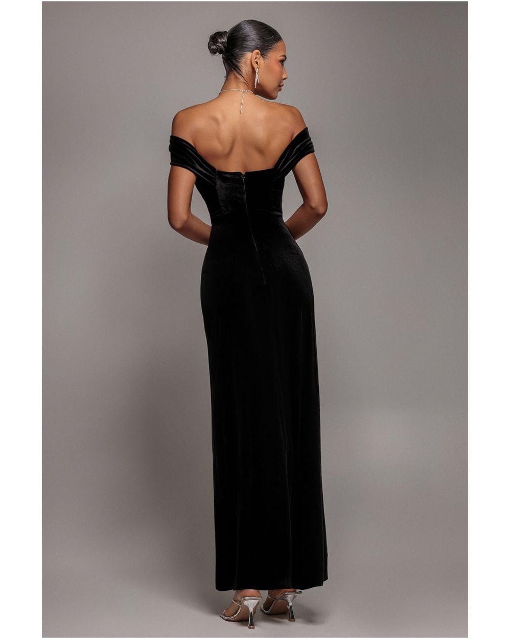 Goddiva Black Draped Shoulder Velvet Corset Maxi