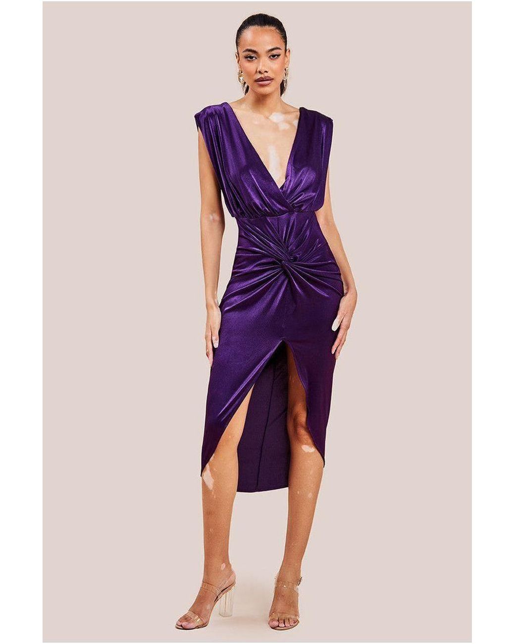 Goddiva Purple Satin Wrap Knotted Midi Dress