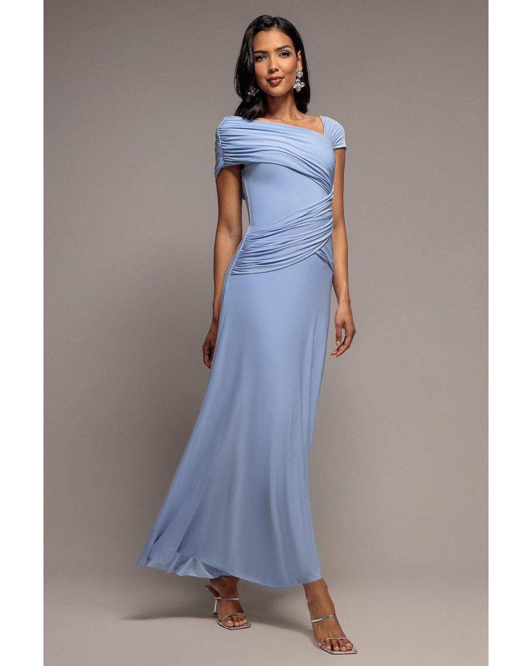 Goddiva Blue Asymmetric Neck Gathered Waist Maxi Dress