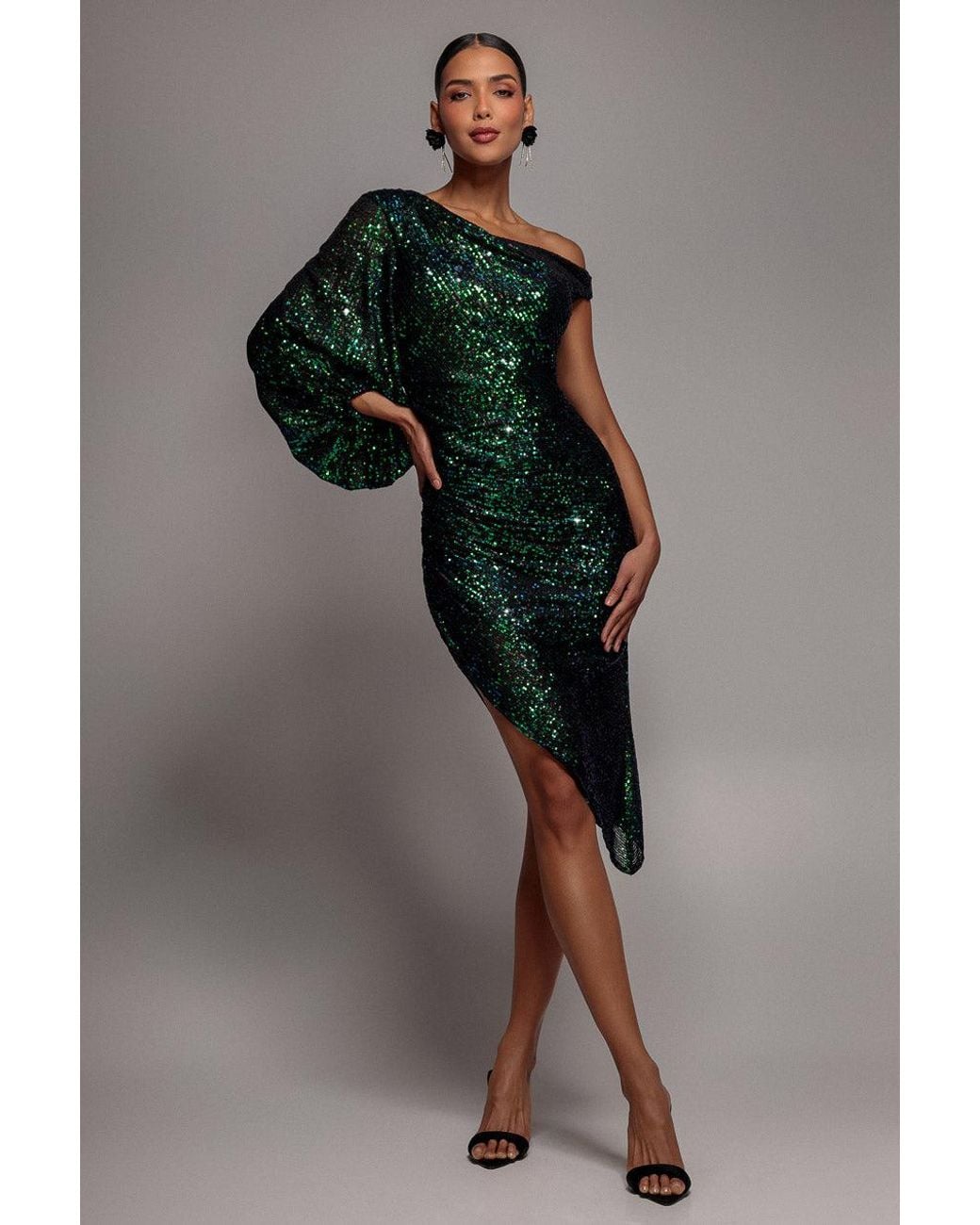 Goddiva Green One Shoulder Asymmetric Midi Dress