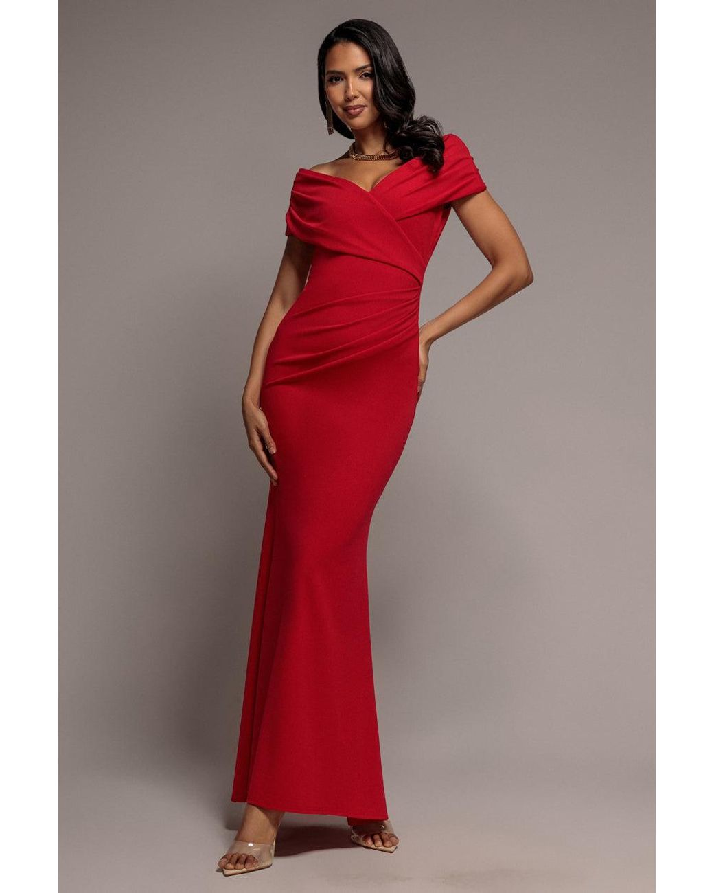 Goddiva Red Pleated Bardot Wrap Mermaid Maxi Dress
