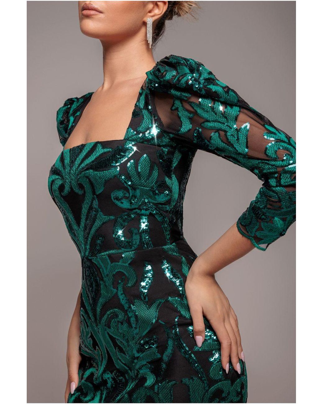 Goddiva Blue Square Neck Scalloped Embroidered Sequin Midi Dress