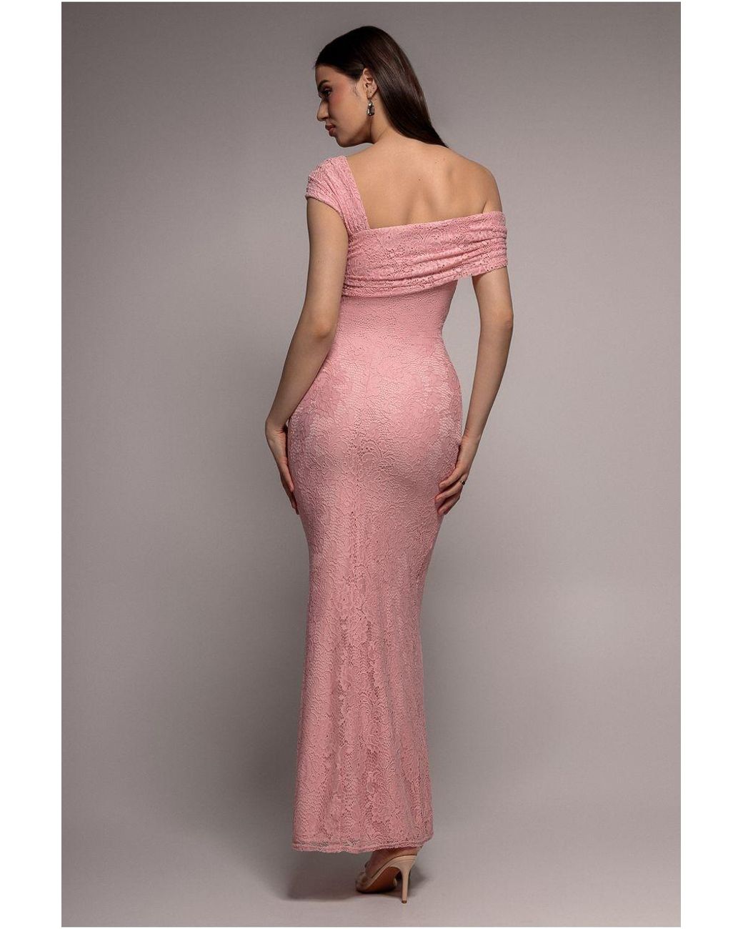 Goddiva Pink One Shoulder Pleated Bardot Lace Maxi Dress