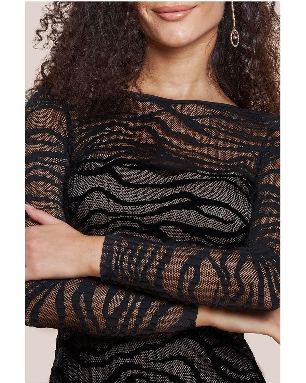 Goddiva Black Geo Wave Flare Skirt Long Sleeve Dress