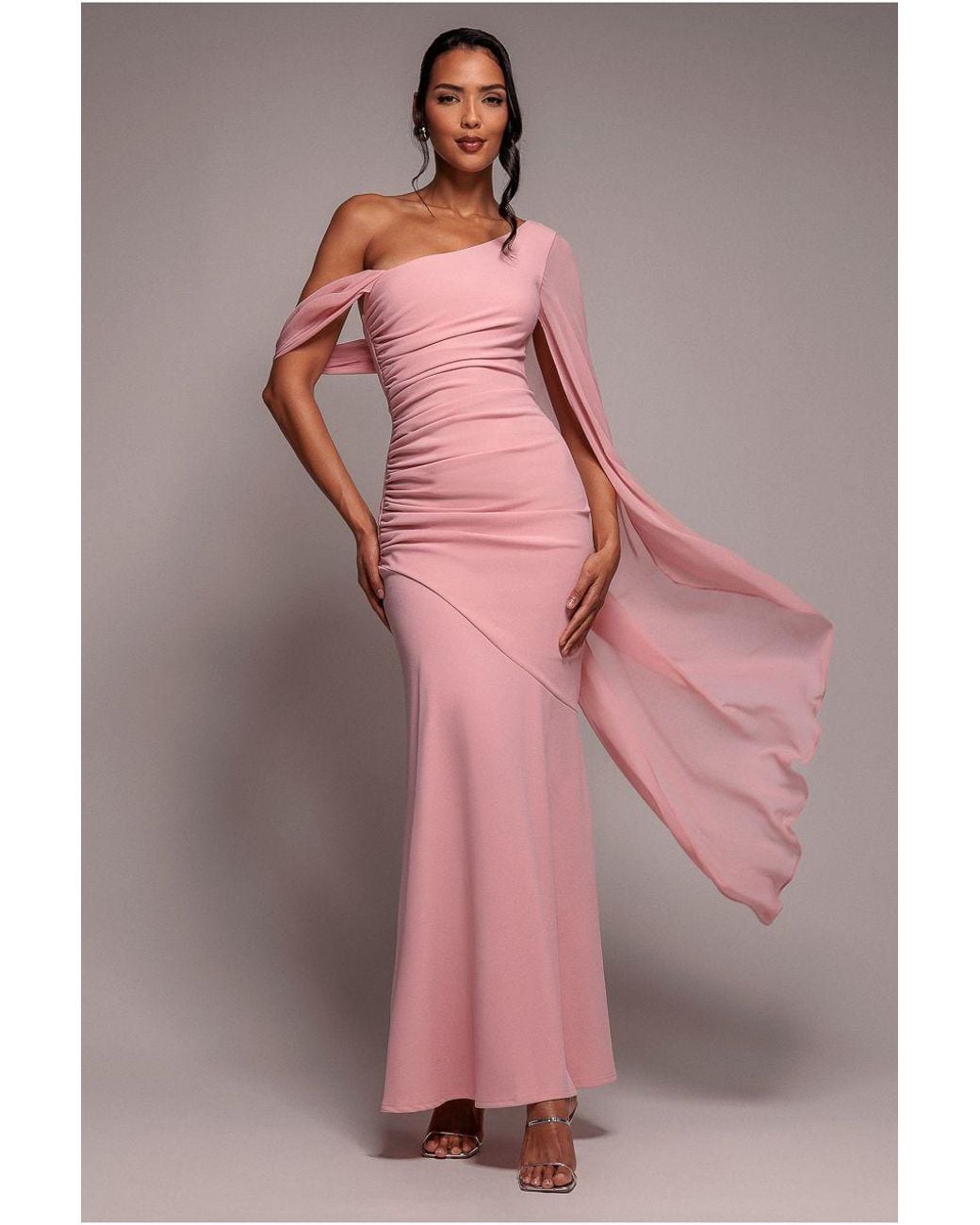 Goddiva Pink One Shoulder Cape Scuba & Chiffon Maxi Dress
