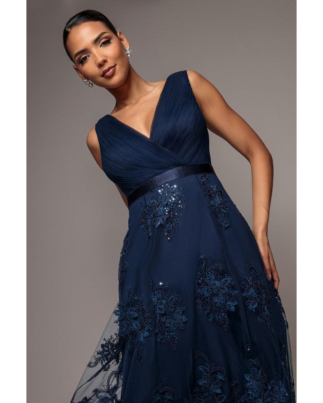 Goddiva Blue Pleated Satin Bodice High And Low Dress