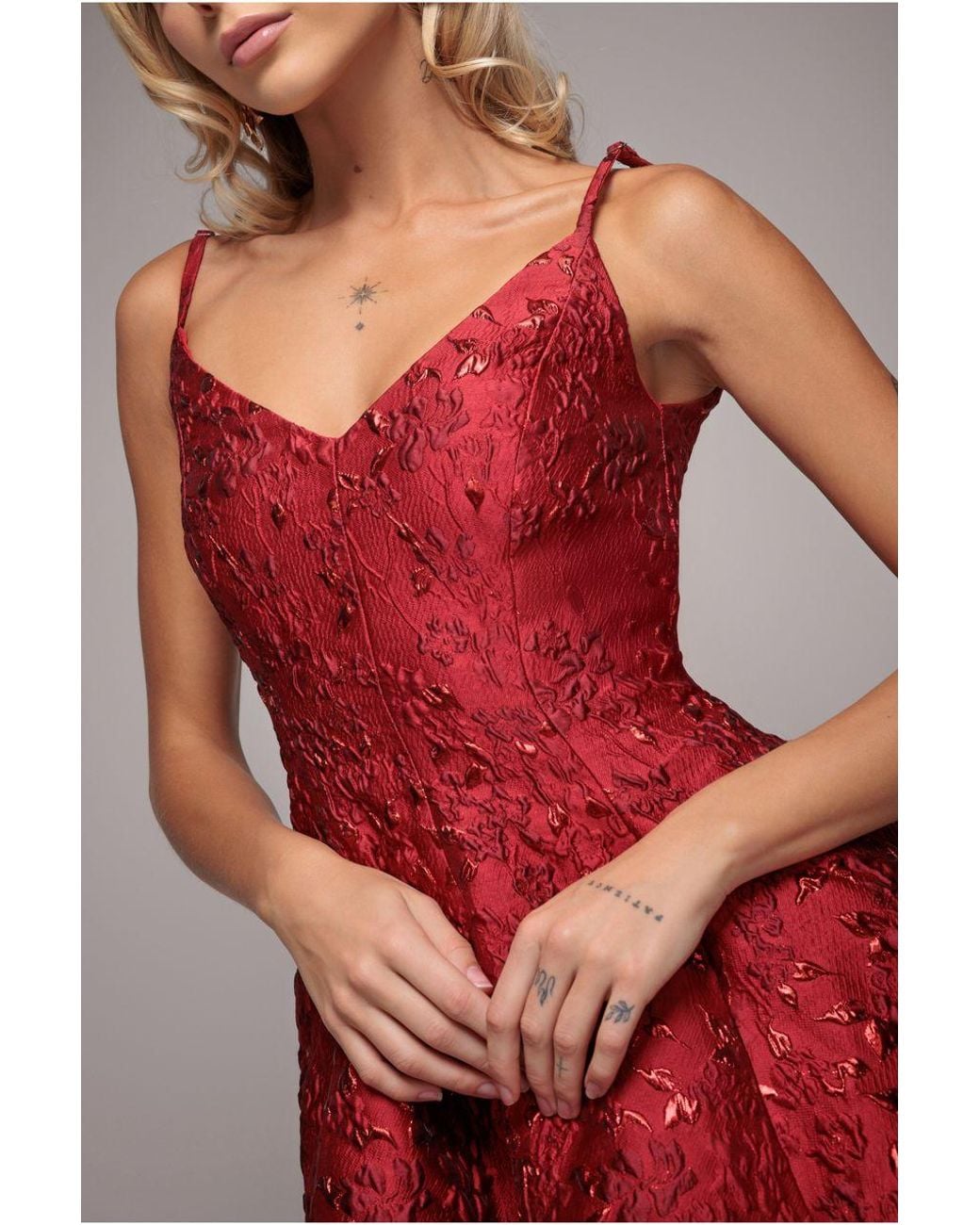 Goddiva Red Jacquard Sleeveless A-Line Mini Dress