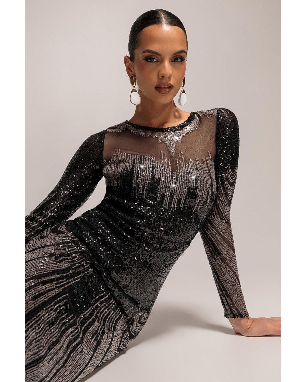 Goddiva Black Long Sleeve Aztec Sequin Maxi Dress