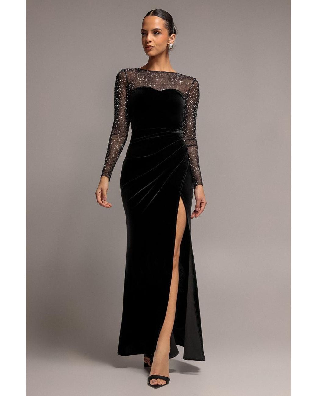 Goddiva Black Diamante Sleeves Illusion Neck Front Wrap Velvet Maxi Dress