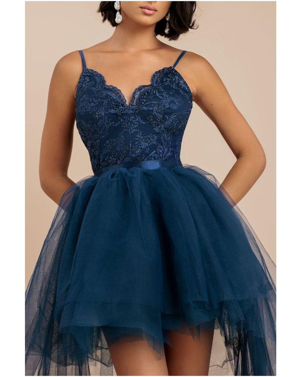 Goddiva Blue High Low Tulle Mini With Lace Bodice
